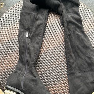 Black suede over the knee boots excellent condition pearls inside lucite heel.